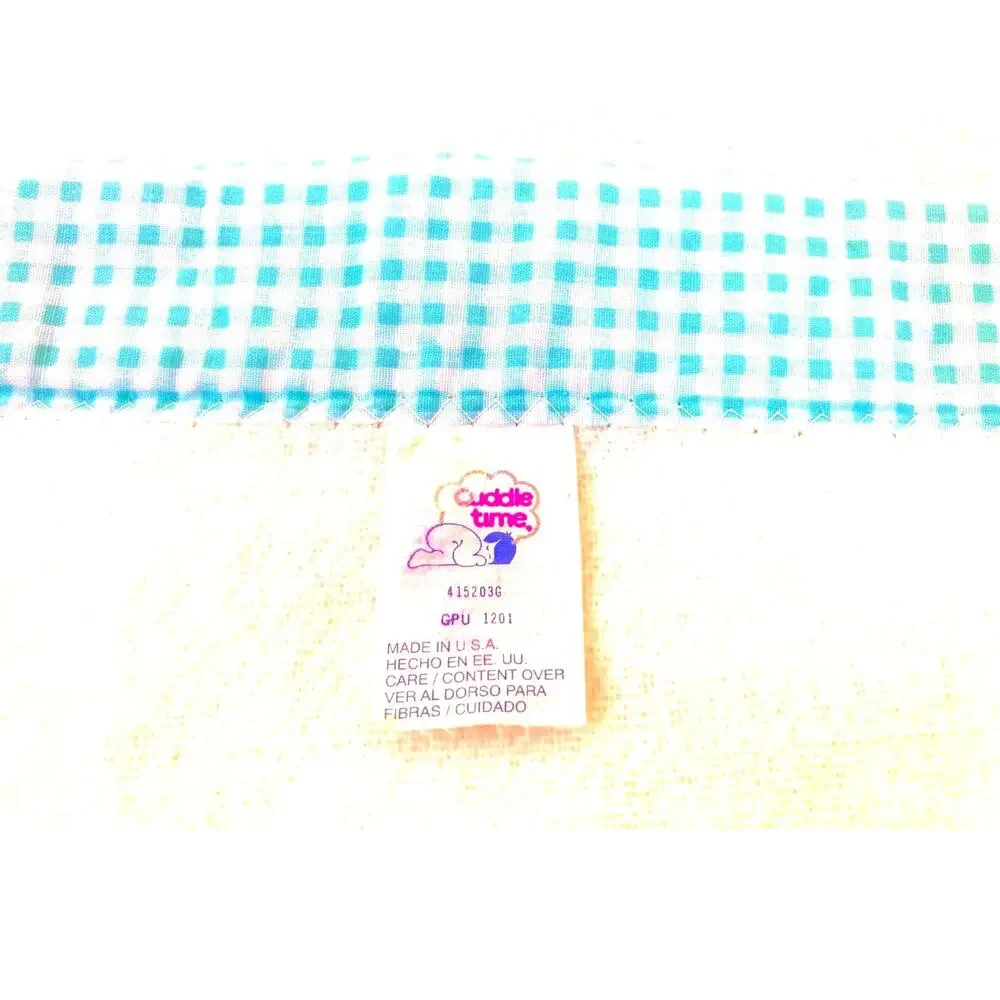 Baby Blanket Cuddle Time White Aqua Check Trim Chick Vtg